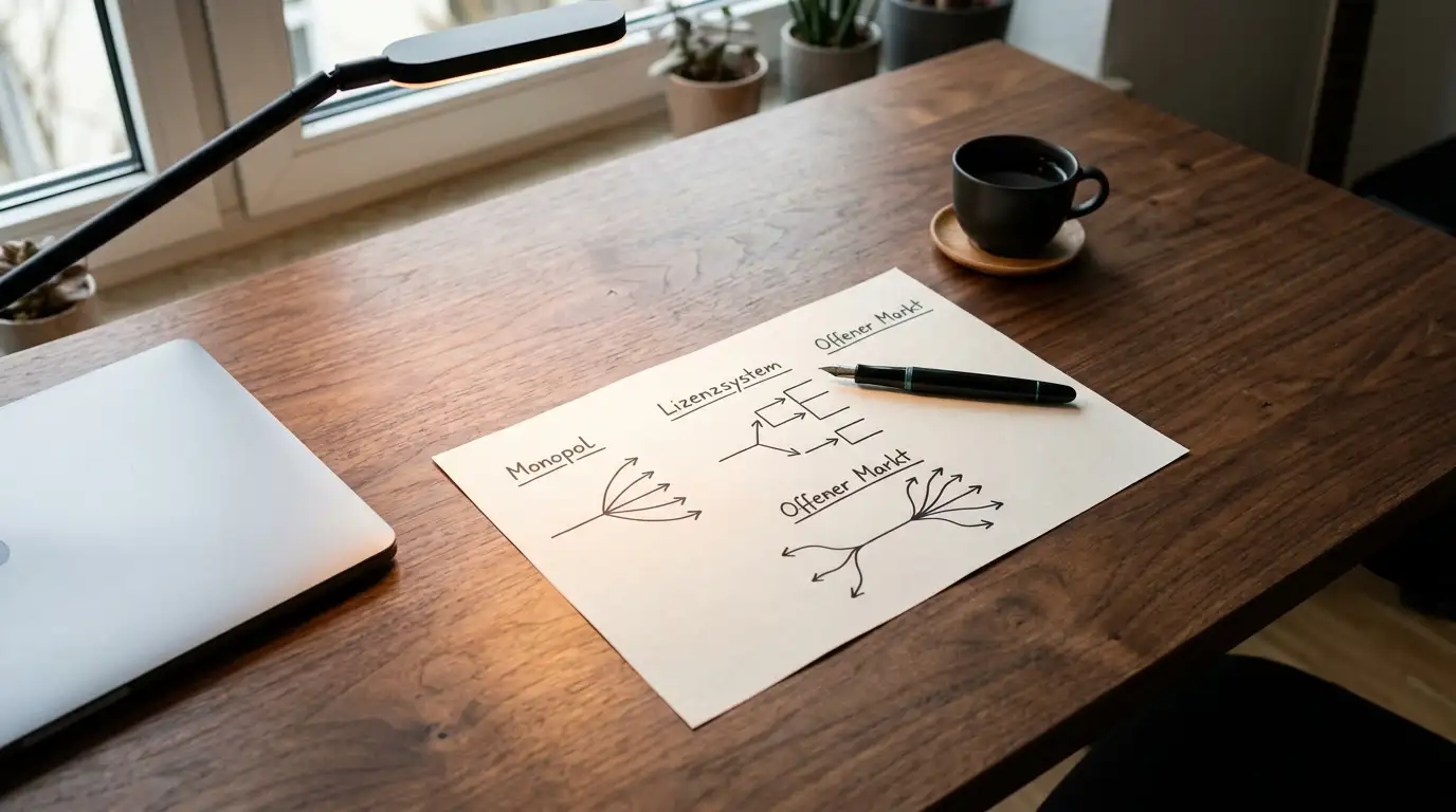 Arbeitsplatz mit Notizen und Diagrammen zu den Reformszenarien des österreichischen Glücksspielmarktes